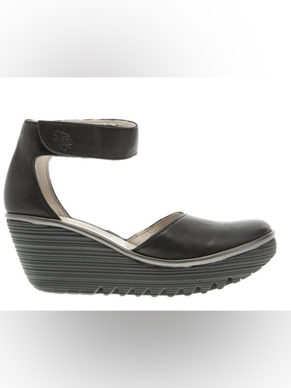 Fly London Black Leather Ankle-Strap Wedge Sandals